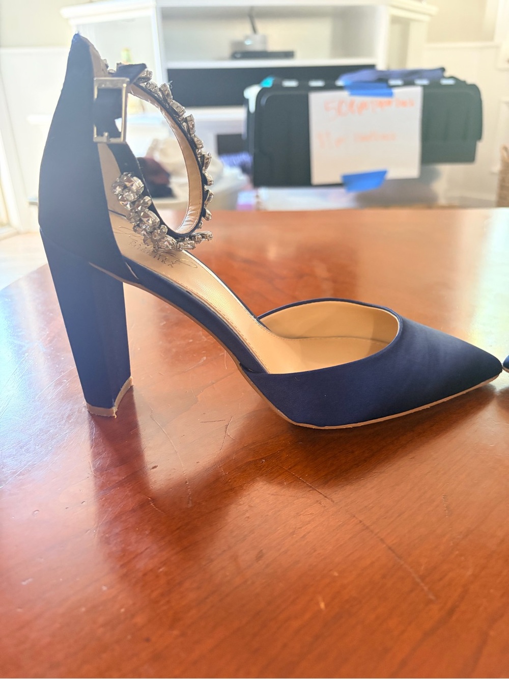 Jewel Badgley Mischka Blue Satin Pointed-Toe Heels with Crystal Ankle Straps - Picture 3 of 10